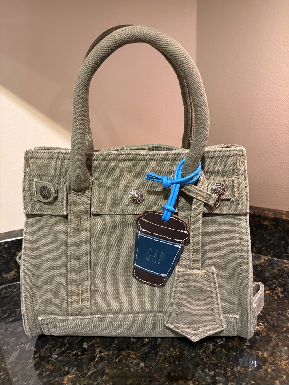 GAP Olive 5 Pocket Tote with exclusive NYC bag charm